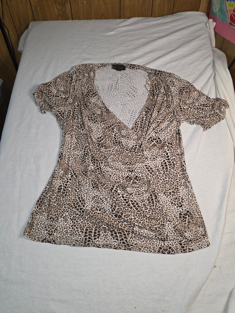Dana Buchman Animal Print Ruched V Neck Top 1X